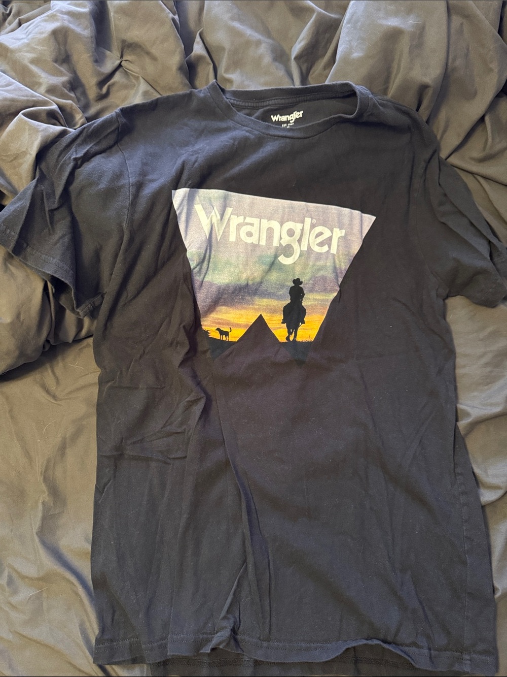 Wrangler Black Short-Sleeve Tee with Sunset Cowboy Graphic